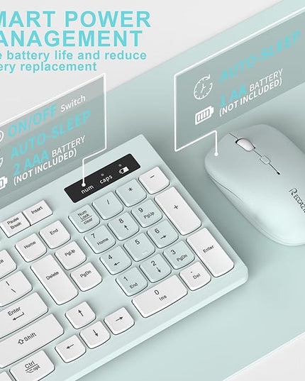 Wireless Keyboard and Mouse Combo, Full-Sized Wireless Keyboard and Adjustable DPI Mouse, 2.4GHz USB Receiver, Keyboard and Mouse for PC, Windows, Desktop, Laptop (Mint Green and White)