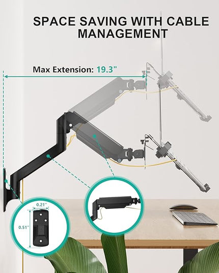 WALI Laptop Wall Mount, Full Motion Adjustable Laptop Arm Fits 10 to 17" Notebook, 2-in-1 Monitor Wall Mount for 17 to 32" Computer Screen, Holds up to 15.4-22lbs(GSWM001NLP), Black