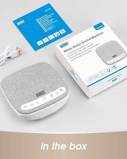 Portable White Noise Sound Machine - August SE160 - Calming, Ambient Sleep Therapy - 14 Soothing Sounds for Babies, Children, Adults - Sleep Aid with Timer - 60-Hour Battery - USB-C Charging - White