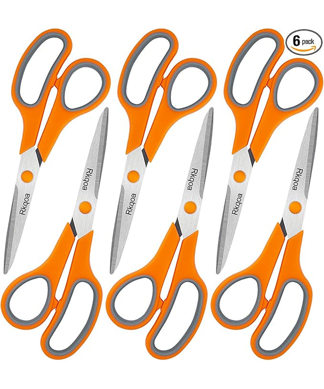 Scissors Set of 6 Bulk, Rkqoa 8" All Purpose Scissors Pack - with Ultra Sharp Blades and Comfort Grip Handles for School Office Classroom Everyday Use, Adult Size Scissor