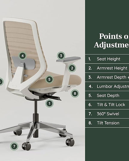 Branch Ergonomic Chair - A Versatile Desk Chair with Adjustable Lumbar Support, Breathable Mesh Backrest, and Smooth Wheels - Experience Optimal Comfort and Support - Sand - White