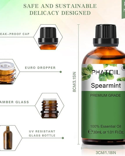 Spearmint 1.01fl.oz Essential Oil, PHATOIL Pure Aromatherapy Oils for Diffuser, Humidifier, Perfect for DIY Soap, Candle, Bath Bombs Making(30ml)