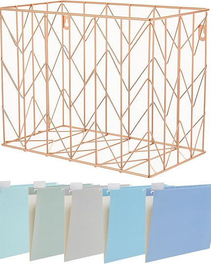 Beramon Hanging File Folder Kit Includes 1 Rose Gold Hanging File Desk Organizer and 20 Pack Hanging File Folders Letter Size with 1/5 Cut Tabs Design for School Office Home Supplies, Blue Design
