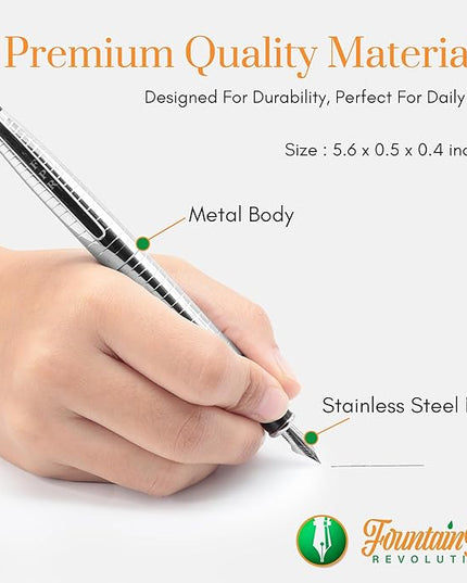 FPR Ambassador Ultra Flex Nib Fountain Pen Set, Chiseled Chrome - Refillable Pen w/Cartridges & Converter - Calligraphy Pens for Writing, Journaling & Gifting - Luxury Pens For Smooth Strokes