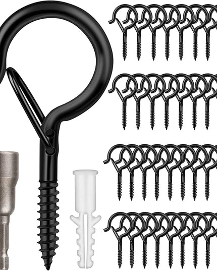 Q Hangers 100 Pack Screw-in Hooks for Outdoor String Lights, Swivel Hanging Basket Patio Hooks with Safe Buckle Screw in Eye Planter Hooks for Wall Ceiling