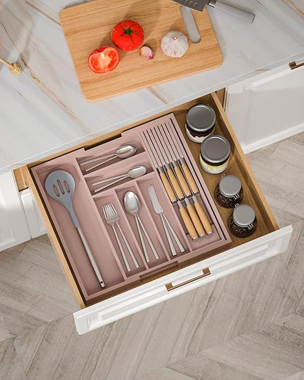 Bamboo-Silverware-Drawer-Organizer-Kitchen, Expandable Utensil Holder Cutlery Tray Flatware Organization Adjustable Wood Tableware Dividers Storage (with Removable Knife Block)(Grey Pink)