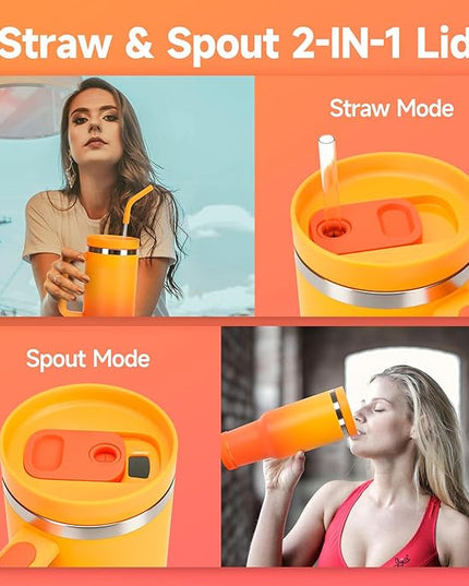 40oz Tumbler with Handle and Straw Spout 2-in-1 Lid, Spill Leak Proof Insulated Travel Cup Traveler Water Mug Keep Cold Hot, Dishwasher Safe Stainless Steel Bottle Gifts for Women Men, Ombre Orange