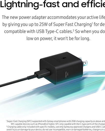 SAMSUNG 25W Wall Charger Power Adapter with Cable, Super Fast Charging, Compact Design, Compatible with Galaxy and USB Type C Devices, White