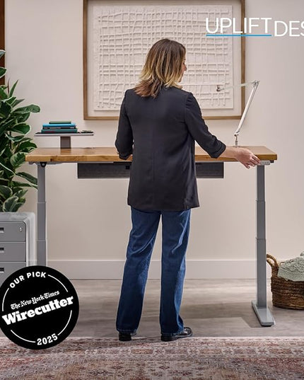 UPLIFTDESK V3 2-Leg Cherry Laminate Wood Standing Desk – Adjustable Height, Advanced 1-Touch Memory Keypad, Under Desk Cable Management, Wire Grommets & Rocker Board (Black C-Frame, 72 x 30 inch)