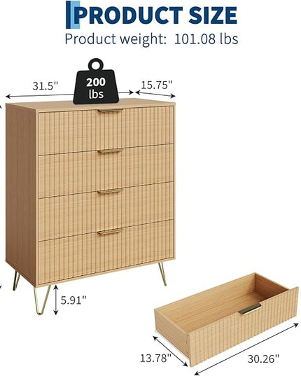 Garvee Fluted Dresser for Bedroom with 4 Drawers,32" Wide Modern Chest of Wooden Bedroom Chest with Metal Handle,Wide Clothes Storage Organizer,Closet Dresser & TV Stand for Living Room,Natura Oak