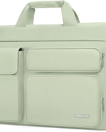 MOSISO Laptop Shoulder Bag 13.3 inch, 13-14 inch Computer Bag Compatible with MacBook Air/Pro 13 / Pro 14, HP Dell ASUS Lenovo with 2 Raised&1 Flapover&1 Horizontal Pocket&Handle&Belt, Sage Green