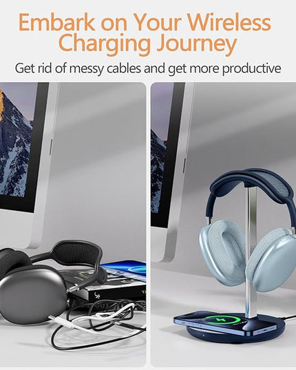 Headphone Stand with Wireless Charger, Gaming Headset Holder Hanger Rack 2 in 1 Wireless Charging Station Dock for iPhone 15/14/13/12/11 Series, Samsung, AirPods Pro/3/2, Aluminum Alloy Rod, Navy Blue