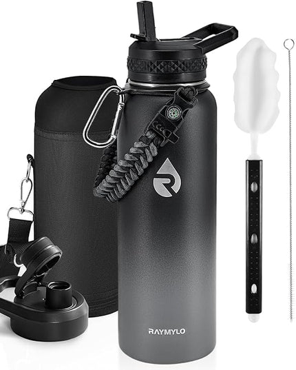 Insulated Water Bottle 40 oz, Triple Wall Vacuum Stainless Steel (Cold for 48 Hrs), Leak Proof & Non-BPA, Modern Water Flask Jug with Paracord Handle & Straw Spout Lids, Dark Grey