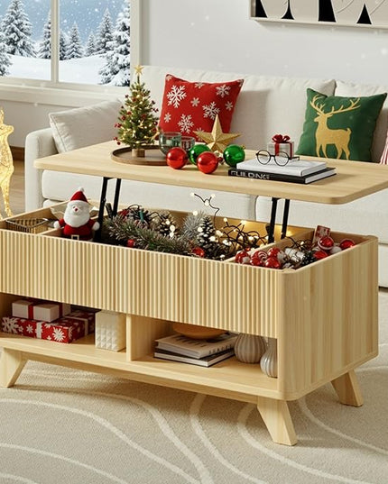 ONBRILL Farmhouse Lift Top Coffee Table, Mid Century Modern Coffee Table with Hidden Storage Compartment, Fluted Rising Pull up Wood Modern Center for Living Room, Office, Natural