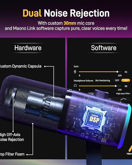 MAONO XLR/USB Gaming Microphone Kit: Dynamic PC Mic for Streaming Podcasting, Software Support, Mute Button, Gain Control, RGB Computer Mic with Boom Arm Stand, for Recording, PS4/PS5, PD100XS Black