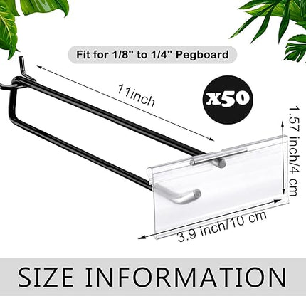 Tandefio 50 Pack 11 Inch Black Metal Peg Board Hooks with Clear Plastic Label Holder Stainless Steel Display Pegboard Hooks for 1/8'' to 1/4'' Pegboard Wall for Garage Storage Retail Shop Supplies