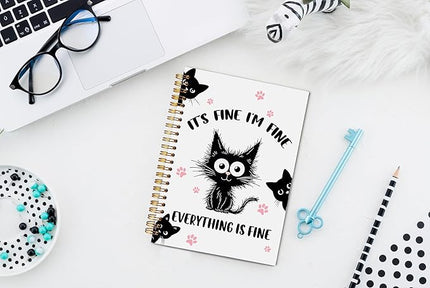 Funny Black Cat Spiral Notebook Journal 5.5x8.3, It's Fine I'm Fine Humorous Journal for Women, Cat Office Supplies, Funny Gifts for Coworker Women Journals Notebooks