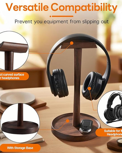 Yookin Wood Headphone Stand Headset Stand for Deak Universal Headphone Holder with Storgae Base Handcrafted Desk Organizer for Gaming Headsets(Black Walnut)
