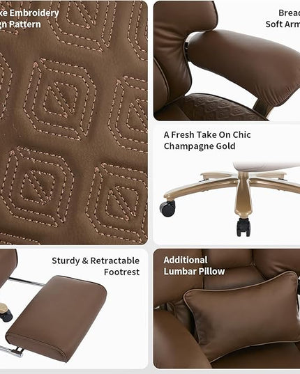 Big and Tall Executive Office Chair with Footrest, 400LBS Capacity Ergonomic High-Back Desk Office Chair with Lumbar Support, Padded Armrests & Thick Cushion, Brown PU Leather Chairs