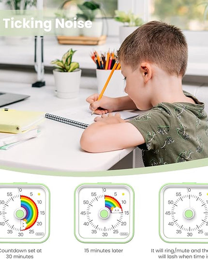 InfPokid Visual Timer for Kids with Pause Function, Cute Silent Timer with Rainbow for Classroom, Teaching, Task, Kitchen, 60 Minute Countdown Time Management for ADHD (Rainbow Green)