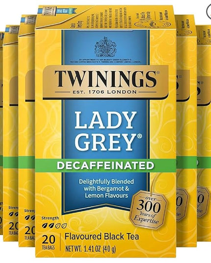 Twinings Decaffeinated Lady Grey Black Tea Individually Wrapped Bags, 20 Count (Pack of 6), Orange Peel & Lemon Peel, Enjoy Hot or Iced, 120 Teabags