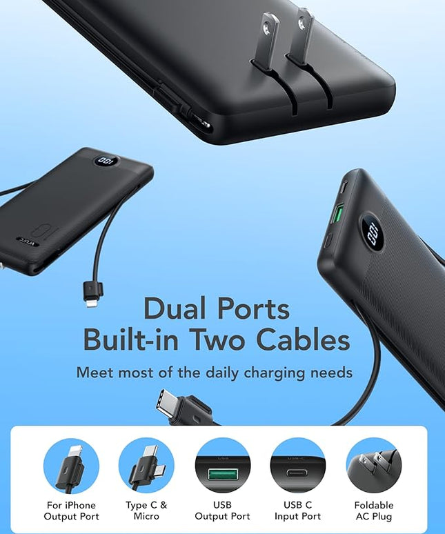 VRURC Portable Charger with Wall Plug, 10000mAh Slim Portable Charger Built in Cables,PD 20W Fast Charging Power Bank with Cords,USB C Portable Phone Charger Travel Accessories -Black(1 Pack)
