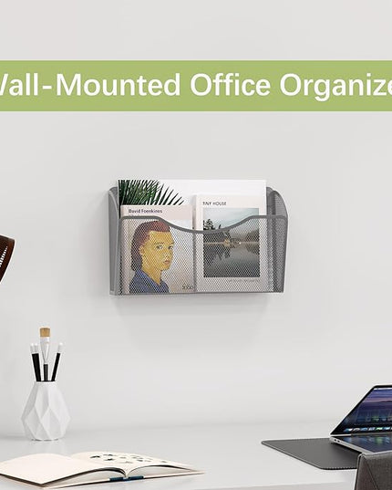 EasyPAG Single Pocket Wall File Organizer, Mesh Hanging File Folder Organizer for Letter/A4 Size Folders, Wall Mounted Vertical Mail Holder for Paperwork, Office, Home, School, Silver