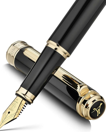 MCNTEIK 317 Fountain Pen,Stunning Luxury Piano Lacquer,18K Gilded Nib(Medium),Gorgeous 24K Gold Finish, Ink Converter,Trustworthy Gift for Men&Women-Elegant,Executive,Nice Pens for Writing, BK-M