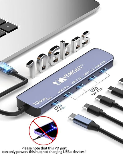 VEMONT 10Gbps USB C Hub - 4 USB-C Data Ports and 100W PD Charging for MacBook, iPhone, iPad, XPS, Surface Pro and More