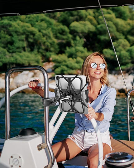 Metal iPad Tablet Mount Holder for Boat Helm, Wheelchair Pole, Bike, Motorcycle, Stroller, Fitness bike, Road Mountain Bicycle, Scooter Handlebar Clamp for 4.7-13" iPad Pro, Air, Mini, iPhone, Galaxy