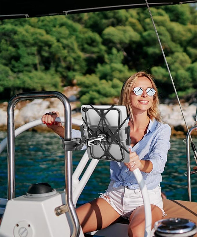 Metal iPad Tablet Mount Holder for Boat Helm, Wheelchair Pole, Bike, Motorcycle, Stroller, Fitness bike, Road Mountain Bicycle, Scooter Handlebar Clamp for 4.7-13" iPad Pro, Air, Mini, iPhone, Galaxy