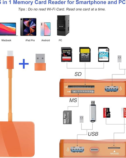 SD Card Reader, 5 in 1 USB-C & USB Card Adapter with SD/MicroSD/MS and Dual USB-A Ports Memory Card Reader for iPhone 17/16/15 Pro Max iPad MacBook Pro/Air M4/M3 Android Phone/Tablet PC (Orange)