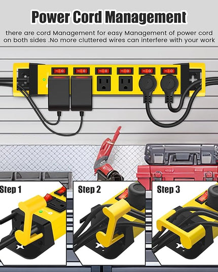 Heavy Duty Power Strip,6 Outlets Metal Power Strip with Individual Switch & Cord Management,Mountable Surge Protector 1200J,10FT Extension Cord(Yellow,10 FT)