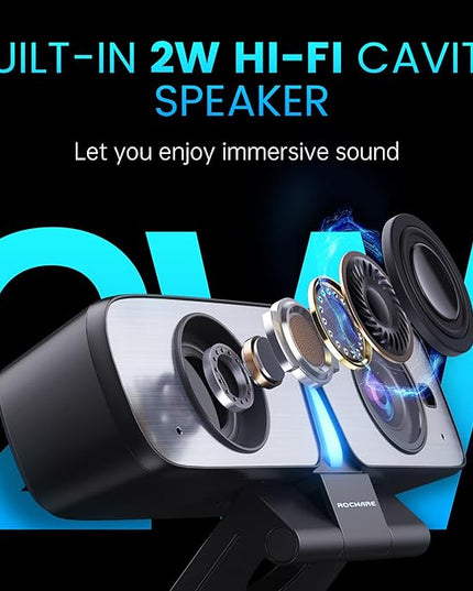 ROCWARE RC08 2K Webcam with Speaker, Webcam for PC, HD Web Cam with Noise Reduction Mic/Harman Speaker/4X Eptz/Privacy Cover/0.2S Auto-Focus/Low Illumination, Computer Camera for Zoom/Teams/Meeting