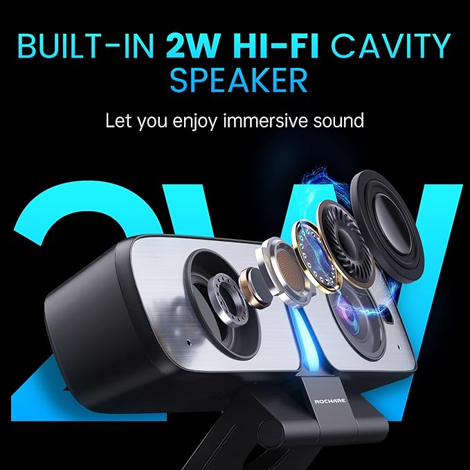 ROCWARE RC08 2K Webcam with Speaker, Webcam for PC, HD Web Cam with Noise Reduction Mic/Harman Speaker/4X Eptz/Privacy Cover/0.2S Auto-Focus/Low Illumination, Computer Camera for Zoom/Teams/Meeting