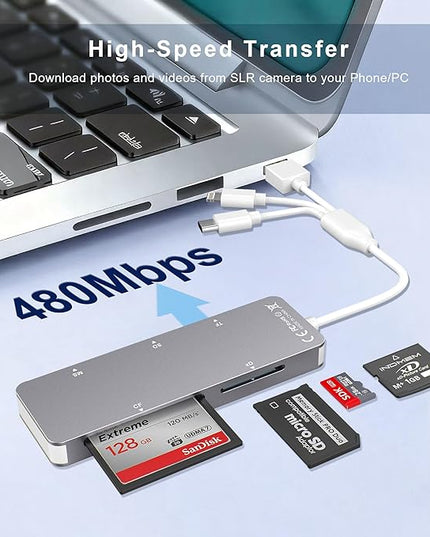 Aluminum 5-in-1 Memory Stick Pro Duo Adapter for iPhone/PC/Android, Lightning USB C USB A Multi Card Reader for SD/TF/CF/MS/XD Cards, High-Speed Data Transfer for Camera/GoPro/Drone