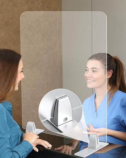 4 Packs Sneeze Guard Clamp Bracket, Sneeze Guard Shield Base for Countertop, Stick On Heavy Duty Aluminum Partition Guard Clip, Panel Support Clamp Stand for Clear Acrylic Desktop Counter Reception