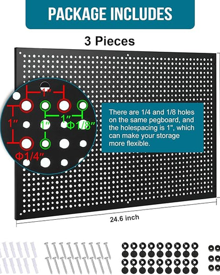 Peg Board,3 Pack 16-Inch X 24-Inch Heavy Duty Metal Peg Board Tool Organization Panels,Ideal for Storage Solutions in Garages, Workbenches, Workshops, Kitchens, and Other Iocations(Black)
