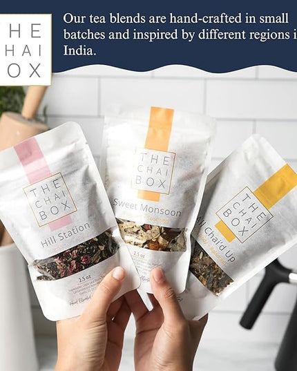 The Chai Box Top Selling Loose Leaf Tea Gift Set - Featured in Oprah's Favorite Things | 3-Flavor Caffeinated Chai Tea Gift Box with Stainless Steel Steeper (3 Pack) | Small Batch Loose Leaf Tea with Whole, Premium Spices