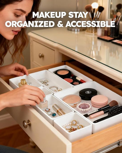 eazttouz 7 Pack Stackable Drawer Organizer Trays, Plastic Shallow Storage Bins for Bathroom Vanity, Desk Drawer, Kitchen, Makeup Organization, White (1XL+2L+2M+2S)