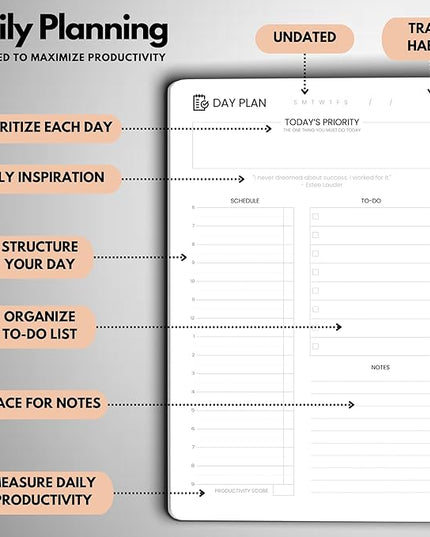 Undated Daily Planner – 6-Month A5 Productivity Organizer with Full Page Per Day, Hourly Schedule, Goal Setting, Habit Tracker, Weekly & Monthly Pages – Hardcover Time Management Notebook (Rose Gold)