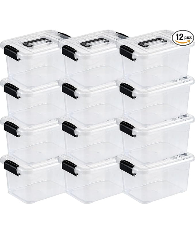 Nazhura Plastic Storage Bin, Stackable and Nestable Storage Boxes with White Lids and Secure Latching Buckles, Large Storage Container (CLEAR, 6QT 12PACK)