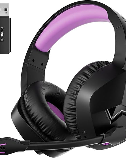 BINNUNE 2.4GHz Wireless Gaming Headset, Bluetooth 5.3 Gaming Headphones with Noise Canceling Mic, 120H Ultra-Long Battery, 50mm Drivers, Multi-Platform for PC / PS5 /PS4/ Switch/Mobile, Purple