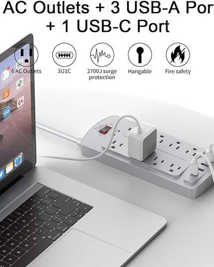 Surge Protector Power Strip - Nuetsa Flat Plug Extension Cord with 8 Outlets and 4 USB Ports, 10 Feet Power Cord (1625W/13A), 2700 Joules, ETL Listed, Grey
