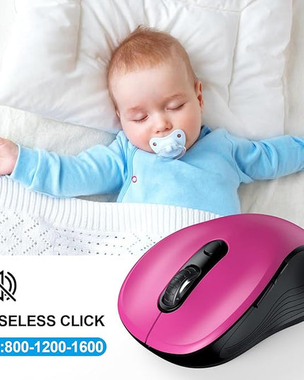 WisFox 2.4G Wireless Mouse for Laptop, Ergonomic Computer Mouse with USB Receiver and Type-C Adapter, 3 Adjustable Levels, 6 Button Cordless Wireless Mice for Windows Mac PC Notebook (Fuchsia)