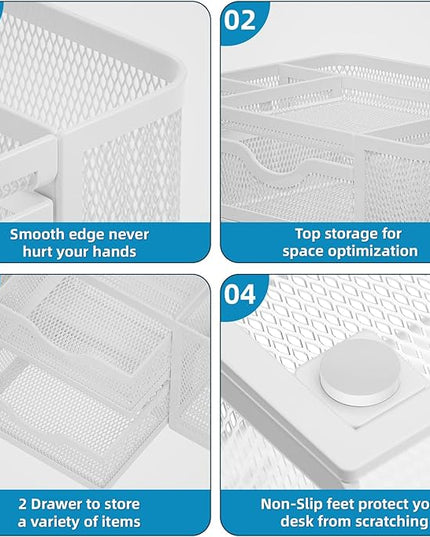 Marbrasse Mesh Desk Organizer, Pen Organizer with 2 Drawer, Multi-Functional Pencil Holder, Desk Organizers and Accessories with 5 Compartments + Drawer for Office Art Supplies (White)