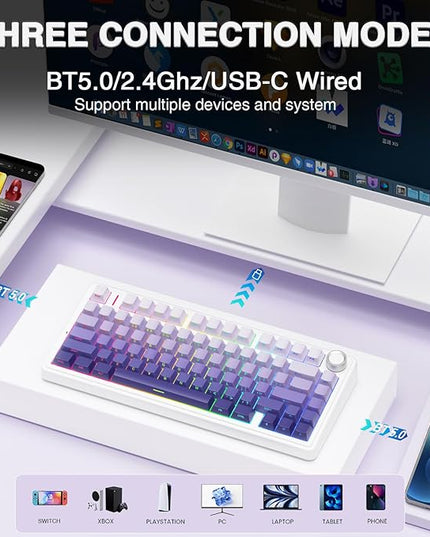 AULA F75 Pro Wireless Mechanical Keyboard,75% Hot Swappable Custom Keyboard,RGB Backlit,Pre-lubed Linear Switches,Side Printed PBT Keycaps Mechanical Gaming Keyboards,Gradient Purple