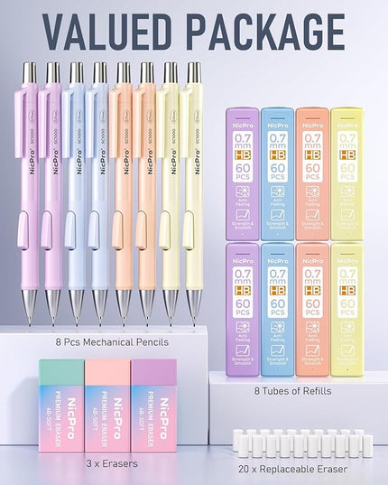 Nicpro 8 Pack Pastel Mechanical Pencil 0.7mm, Cute Fast Click Mechanical Pencils Set with 480PCS HB Lead Refills, 3 Erasers with Case, Aesthetic School Supplies for Writing Drawing Sketching