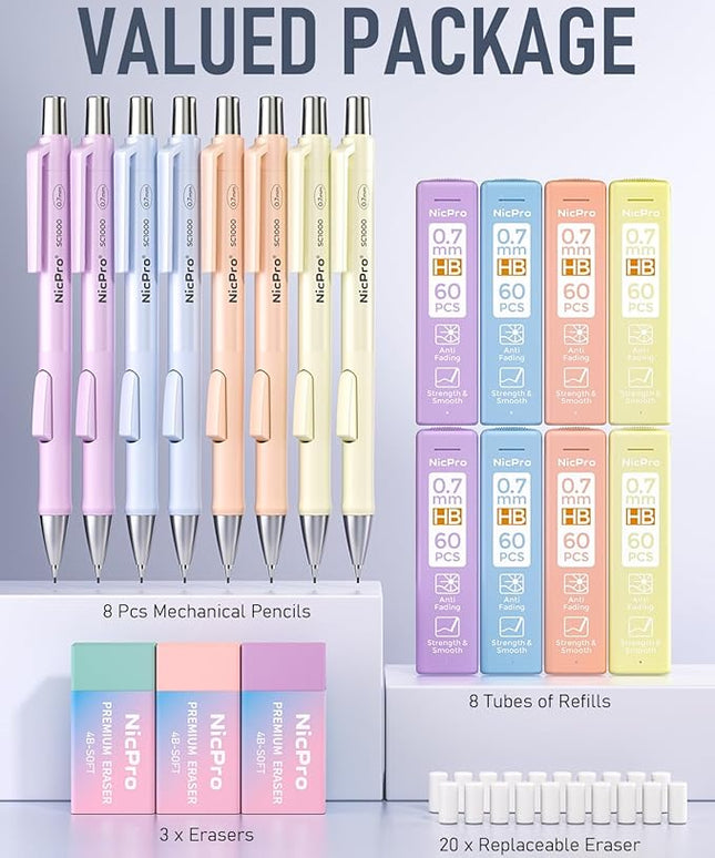 Nicpro 8 Pack Pastel Mechanical Pencil 0.7mm, Cute Fast Click Mechanical Pencils Set with 480PCS HB Lead Refills, 3 Erasers with Case, Aesthetic School Supplies for Writing Drawing Sketching