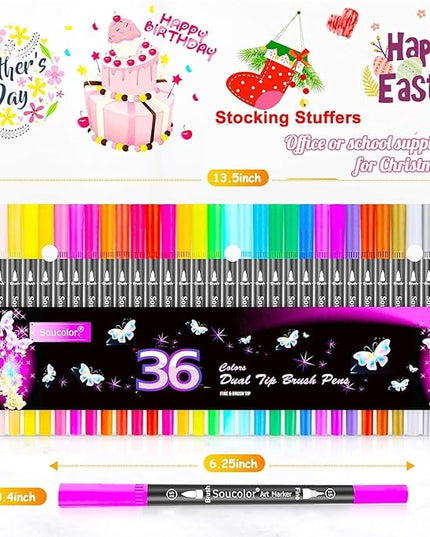 Soucolor Art Brush Markers Pens for Adult Coloring Books, 36 Colors Numbered Dual Tip (Brush and Fine Point) Marker Pen for Note taking Planner Hand Lettering Calligraphy Drawing Journaling